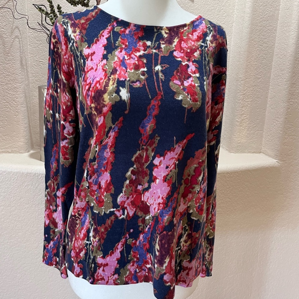 Talbots Floral Print Crew Neck Long Sleeve 100% Merino Wool Sweater Petite XL